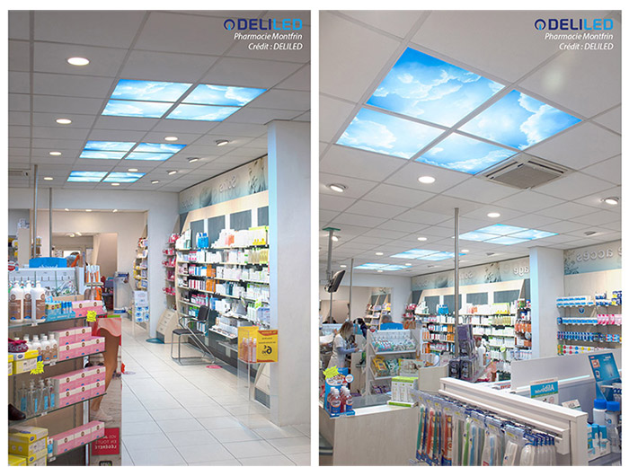 Dalles LED personnalisées avec des motifs nuages, pour la Pharmacie Montfrin.
